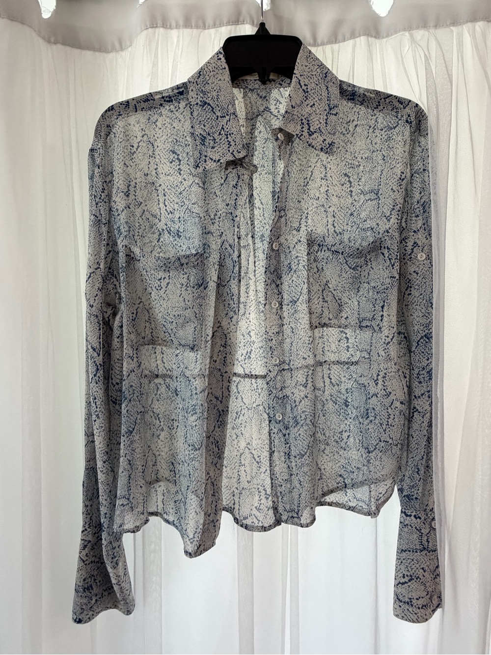 Sheer Snake-Print Button-Down Shirt - Blue/White